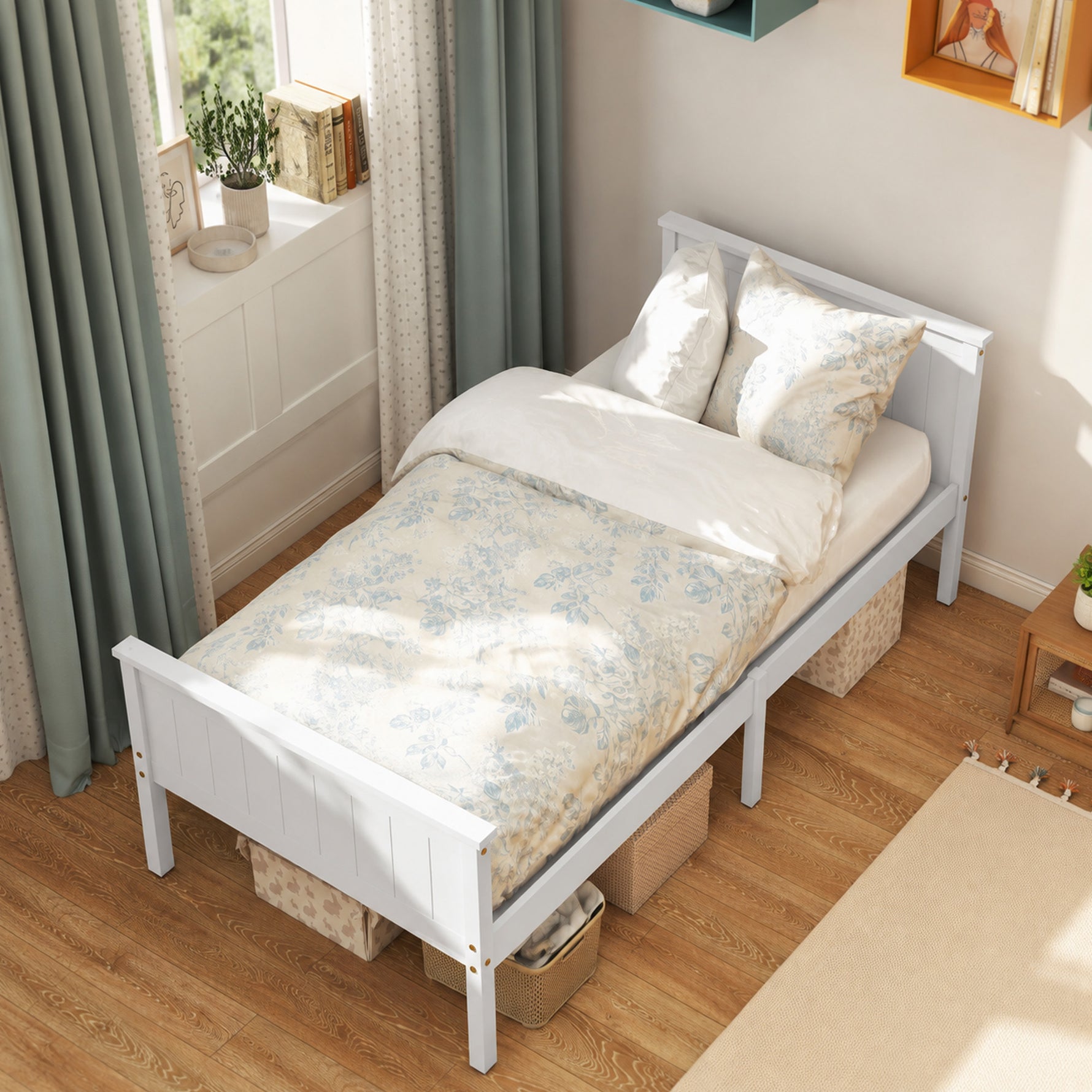 Cadre de lit 90 x 200 cm, lit simple en bois massif avec sommier à lattes tête et pied inclus, assemblage facile, blanc