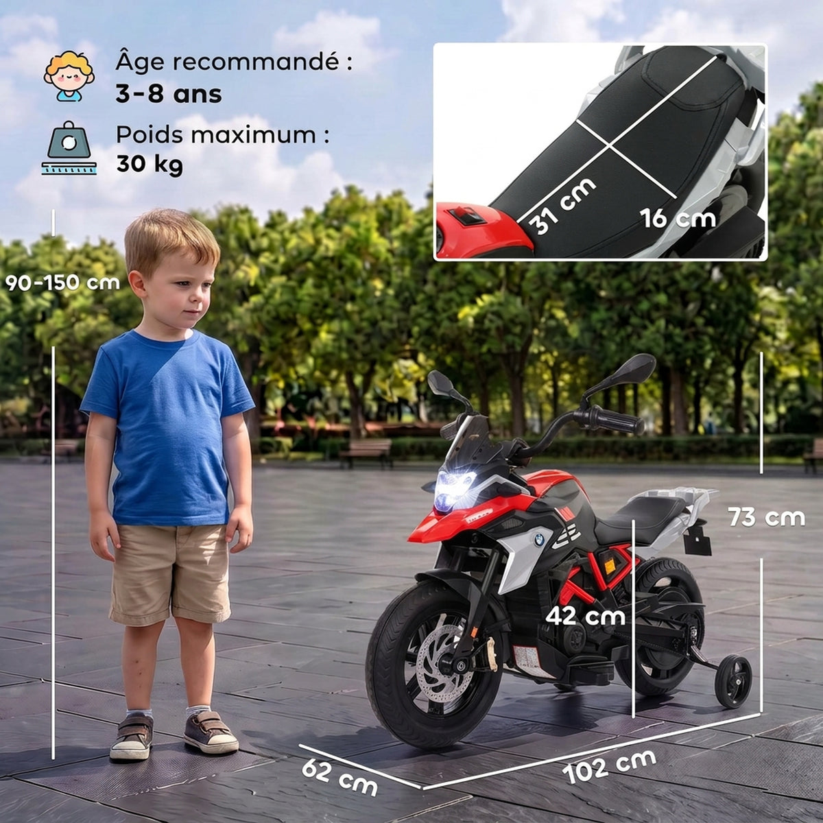 Moto elettrica per bambini 3-8 anni BMW G310 GS, batteria al litio 12V, 3-6 km/h, 102 x 62 x 73 cm, rosso
