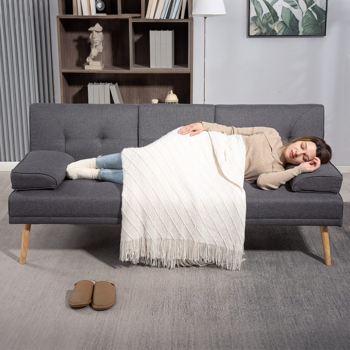 Canapé convertible 3 places, canapé-lit rembourré avec dossier réglable 3 niveaux, 2 coussins et 2 porte-gobelets intégrés, tissu de lin, pour salon, chambre d'amis, petit espace, gris foncé