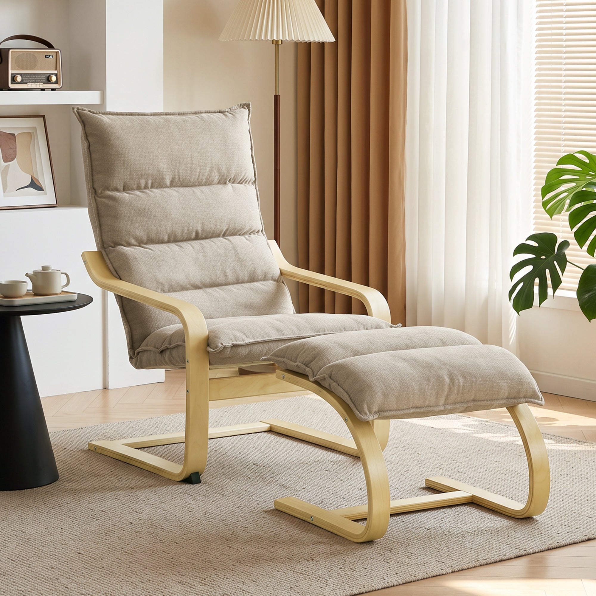 Fauteuil de Salon avec Repose-Pied, Fauteuil d'Appoint en Lin, Assise Large, Dossier Haut, Bascule Douce, Beige