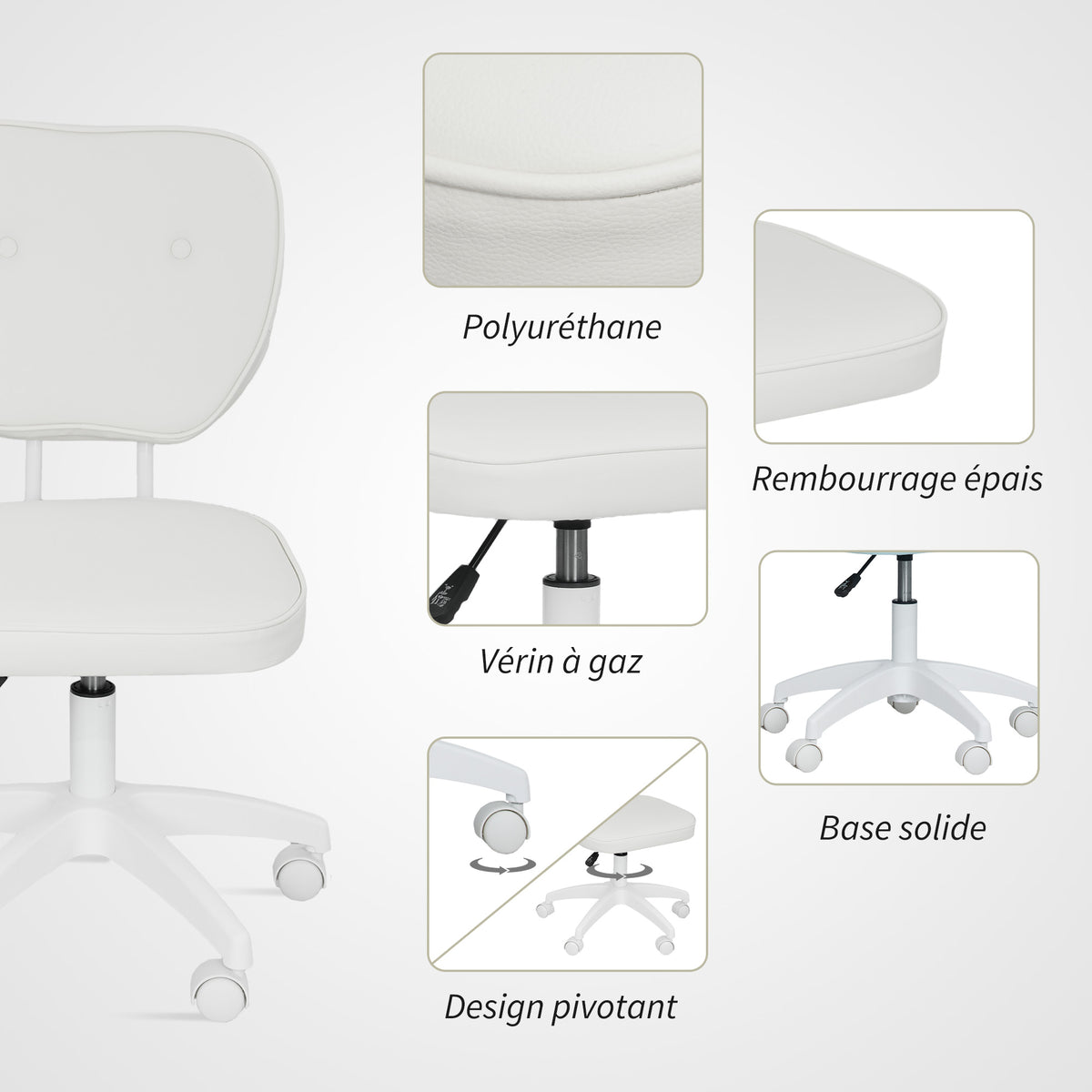 Chaise de bureau sans accoudoirs, fauteuil de bureau, hauteur réglable, pivotant 360°, 46 x 59 x 82-92 cm, blanc