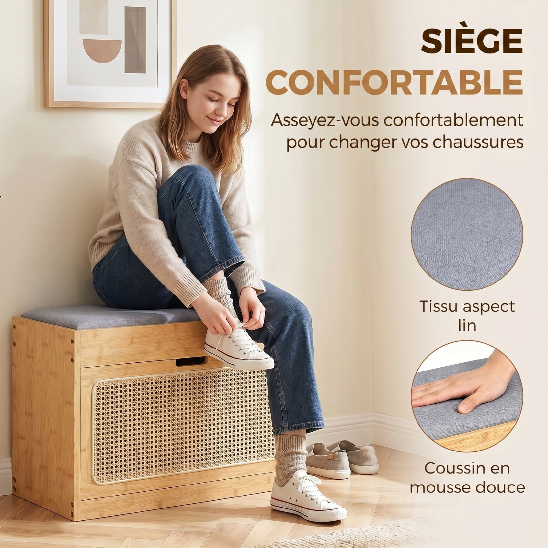 Banc chaussures entrée, banc de rangement en bambou, assise rembourrée, porte en rotin et étagère réglable, bois naturel