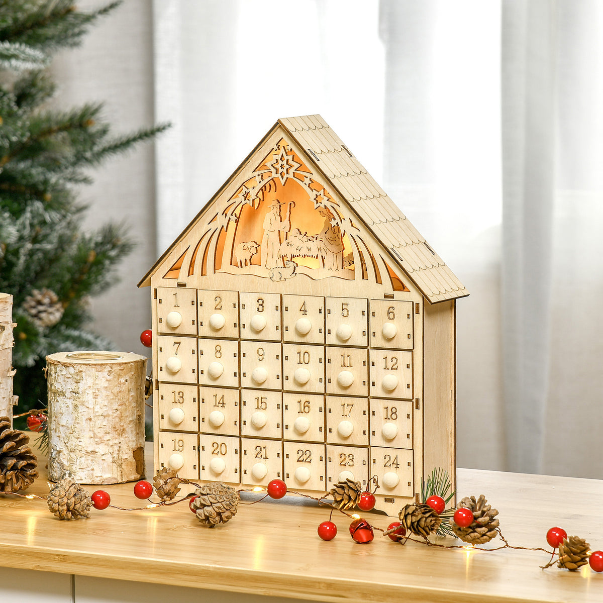 Calendario dell'Avvento in legno da riempire, decorazione natalizia con 24 cassetti e 5 luci LED, 26,6x6x30cm, legno naturale