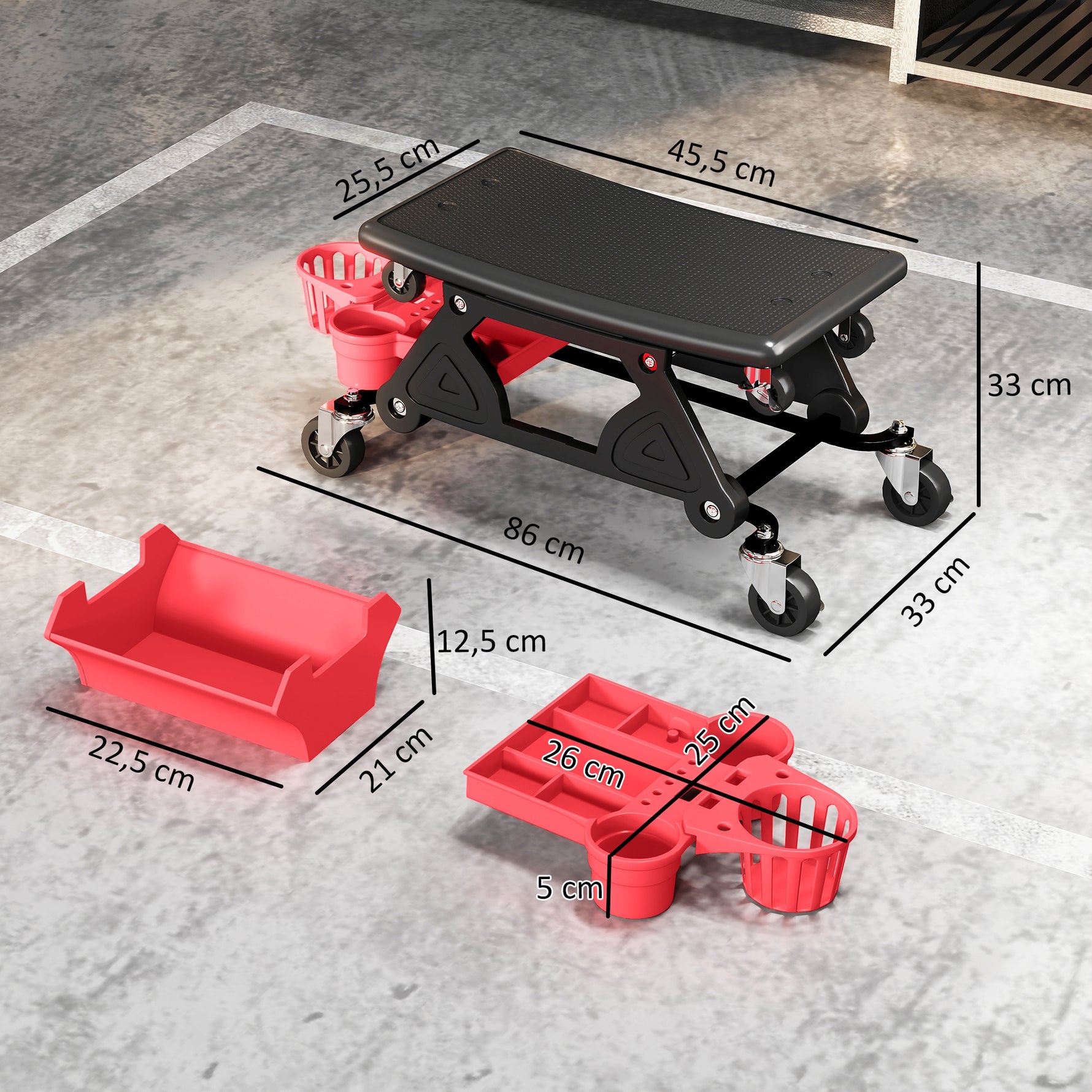 Tabouret d'atelier mobile 135 kg, tabouret de mécanicien avec roulettes rotatif à 360° avec plateaux, 86x33x33cm, rouge