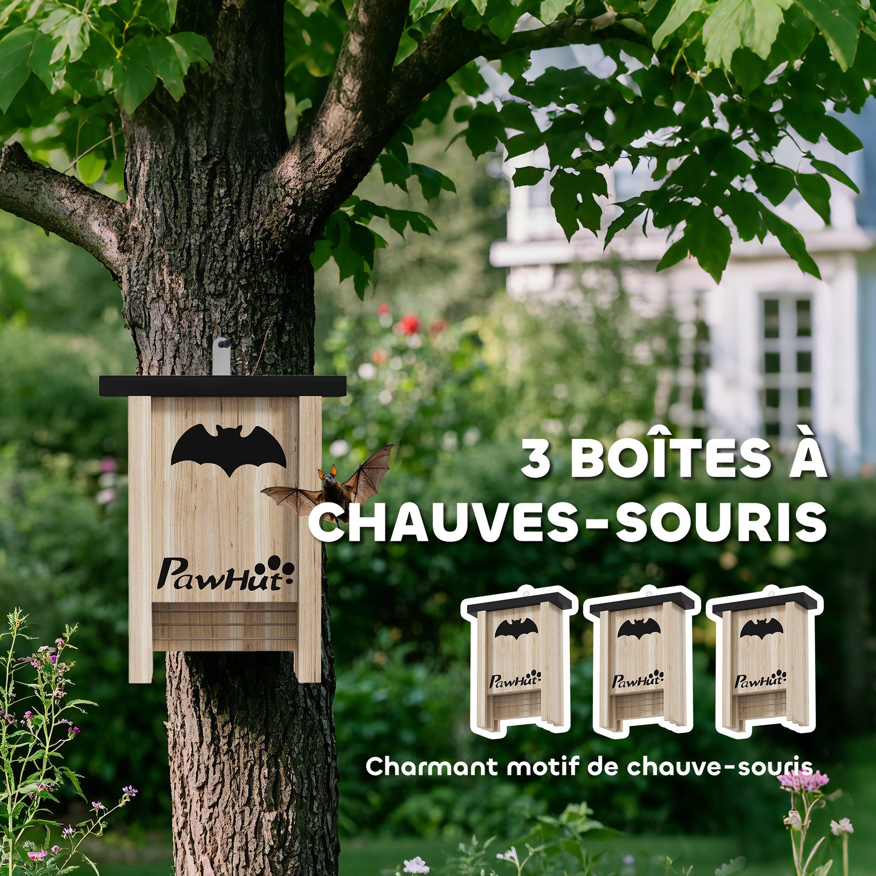 Ensemble de trois boîtes à chauve-souris nichoir chauve-souris avec un crochet18 x 6 x 22,5 cm bois naturel