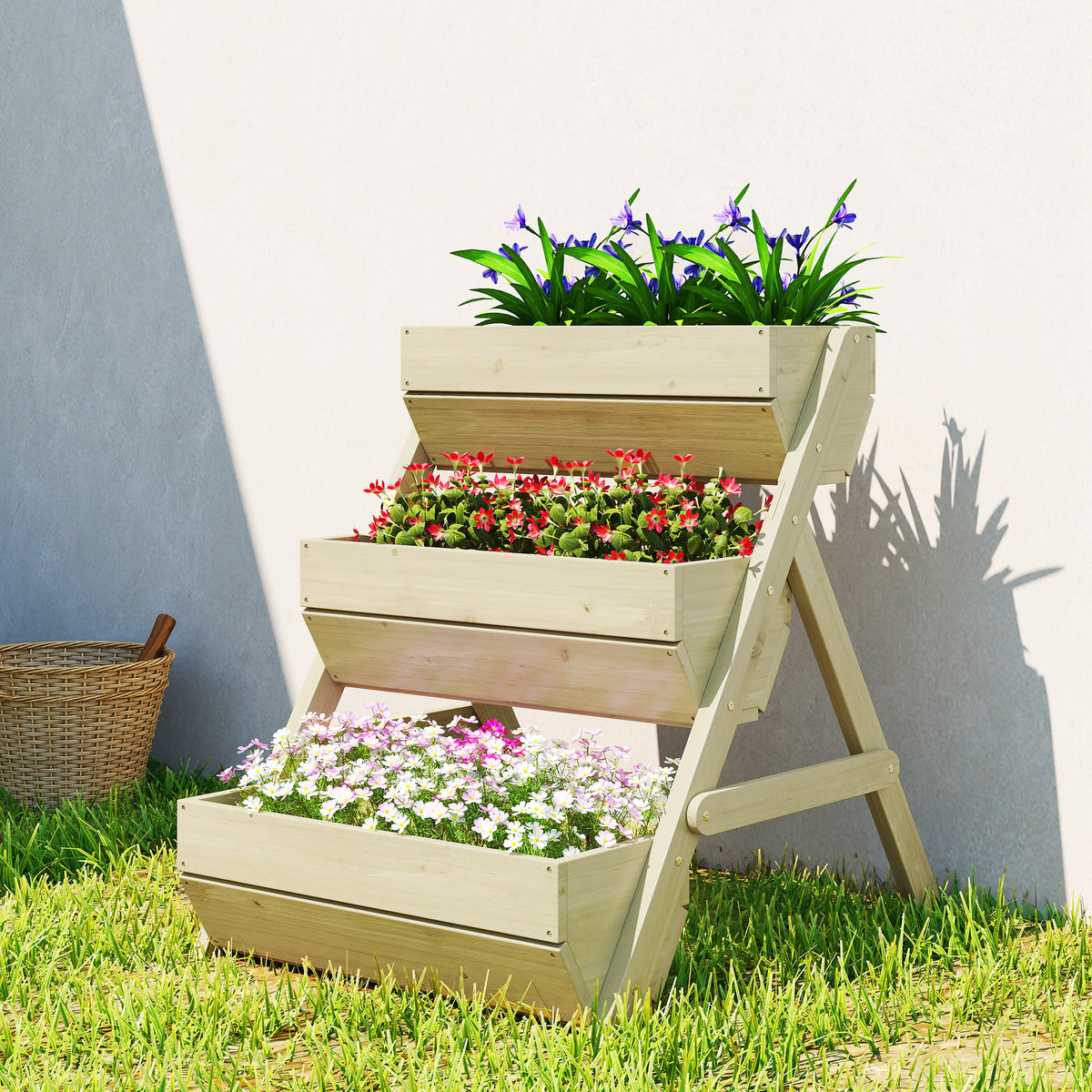 Jardinière surélevée en bois avec 3 étages, étagère en escalier pour plantes avec trous de drainage, 65x75x76cm, vert