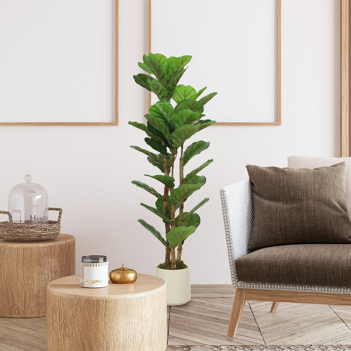 Plante artificielle intérieure 120 cm Figuier lyre arbre artificiel avec pot en plastique et tronc en bois massif, vert
