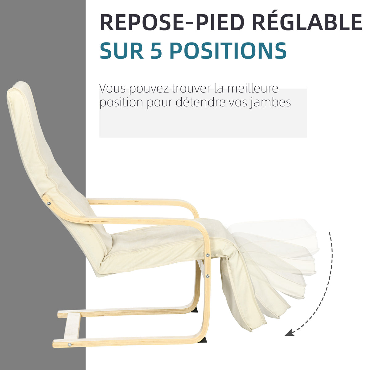 Relaxfauteuil Comfort en Ontspanning met verstelbare, afneembare voetensteun 94 x 66,5 x 100 cm Massief Hout Crème