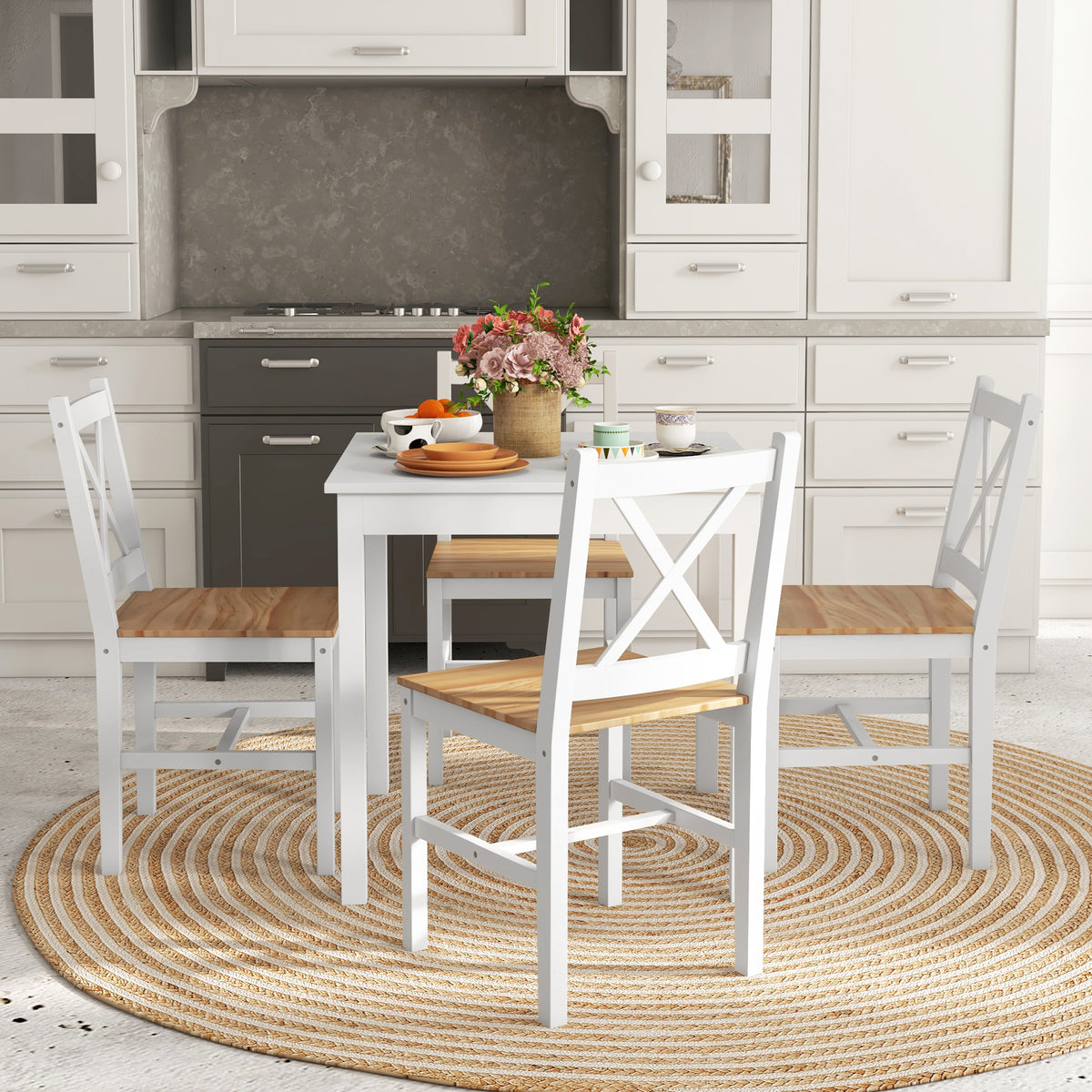 Set di 4 sedie dal design stile casa di campagna, struttura bianca – Perfette per sala da pranzo, cucina o soggiorno