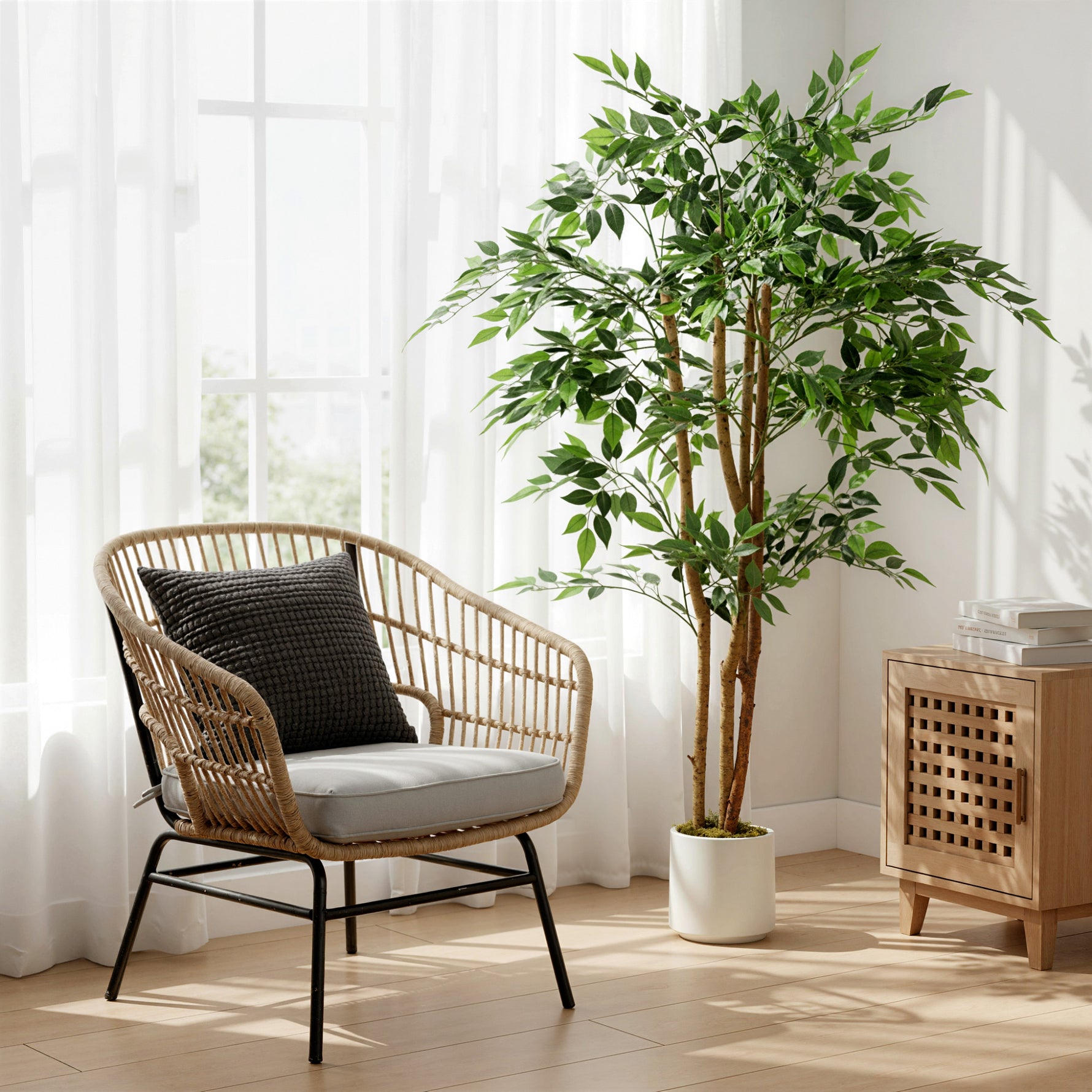 Plante artificielle intérieure 150 cm banian arbre artificiel, pot en plastique et tronc en bois massif, vert