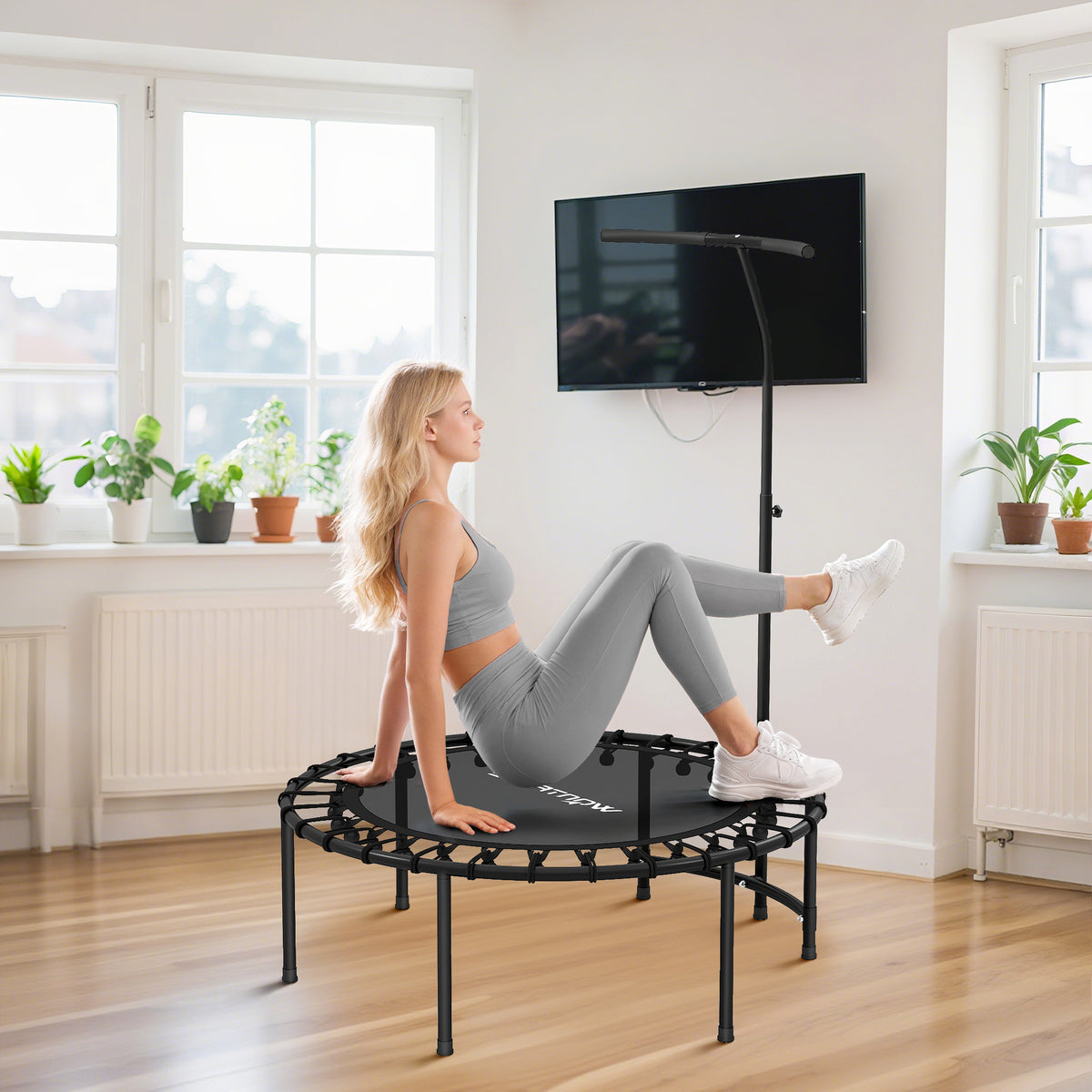 Fitness Trampoline with Elastic Cords, 5-Position Adjustable Handle, 100 kg Capacity, Steel, Ø102x132cm, Black