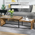 Lot de 2 Tables Basses gigognes Design Industriel encastrable dim. Grande Table 90L x 48l x 42H cm métal Noir Aspect Vieux Bois