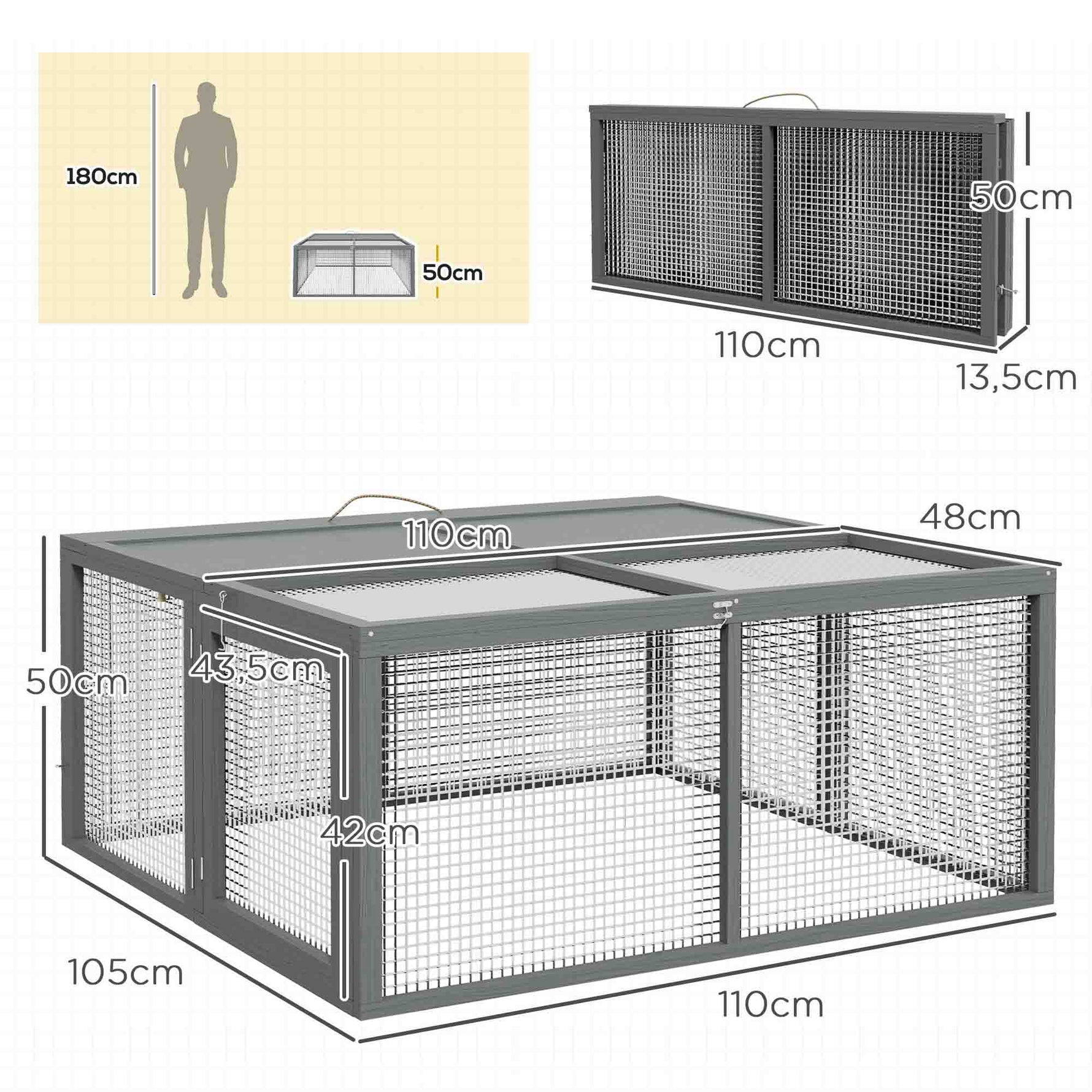 Clapier à lapins cage lapin pliable avec poignée dessus ouvrable pour 2 à 3 lapins cochons d'inde 110 x 105 x 50 cm gris