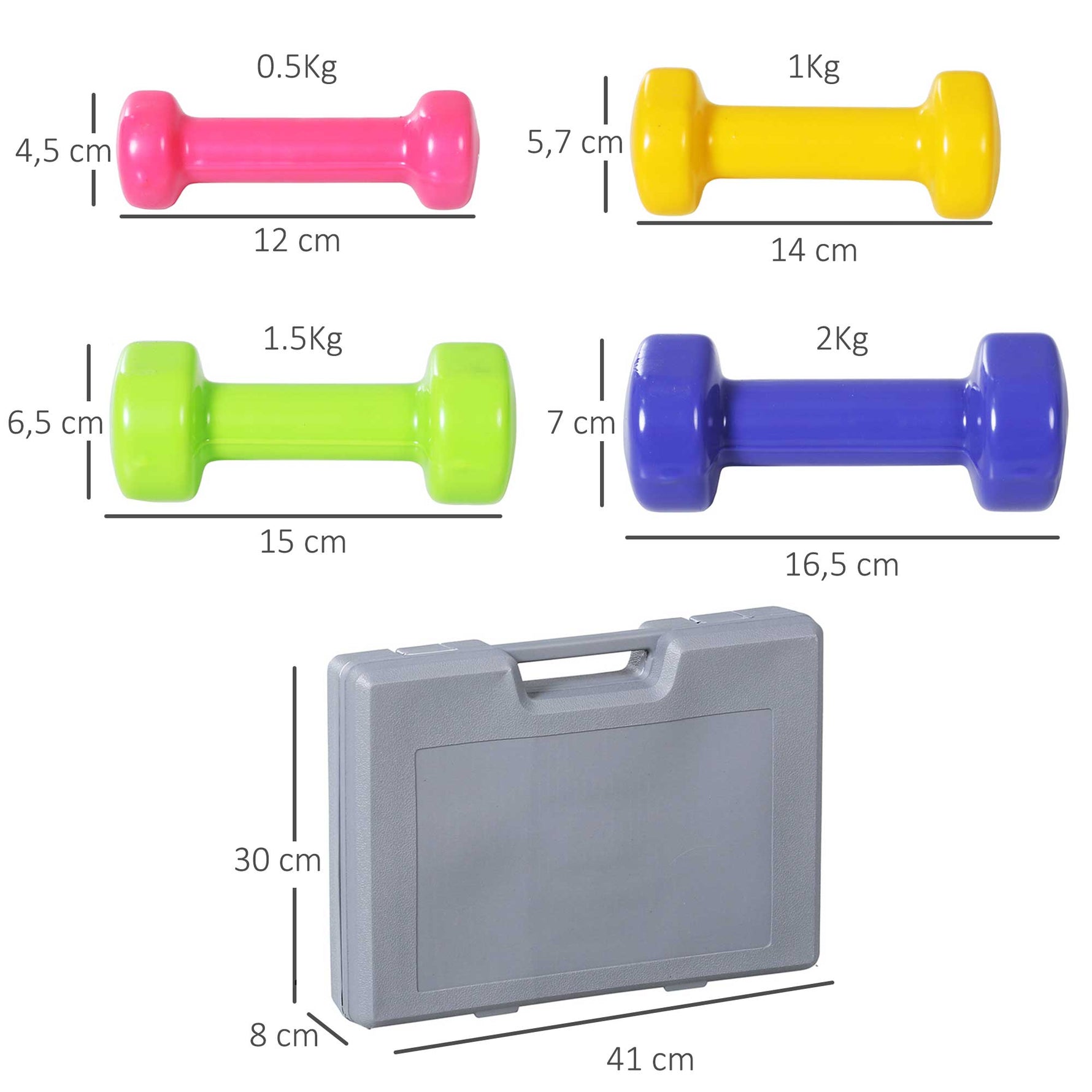 Ensemble d'haltères courtes total 10 Kg - paires de 0,5/1/1,5/2 Kg avec malette - entraînement musculaire & haltérophilie - métal PU rose, jaune, vert, violet