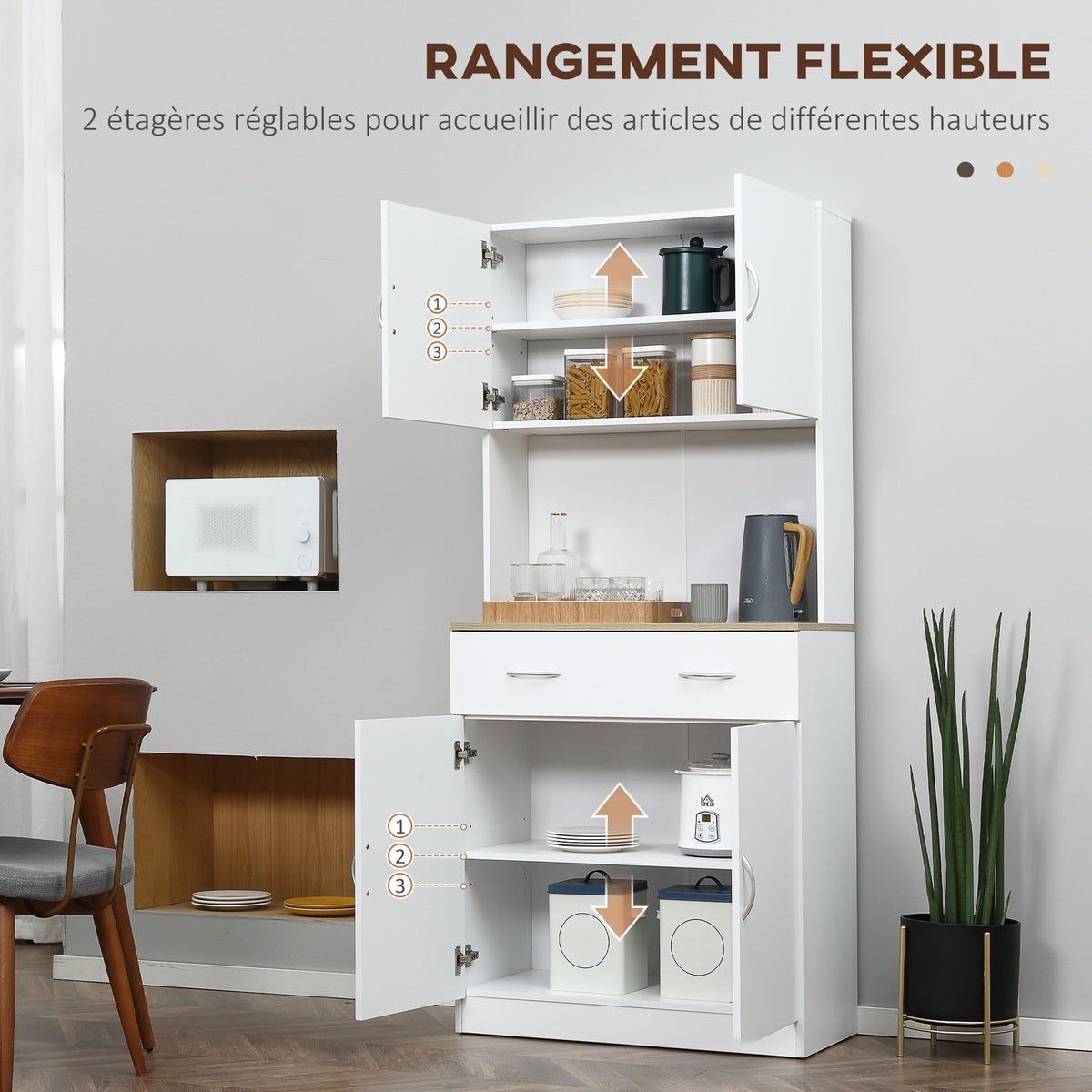Buffet haut cuisine, armoire de cuisine, 4 portes, tiroir, plan de travail et étagères réglables, 80x40x180cm, blanc