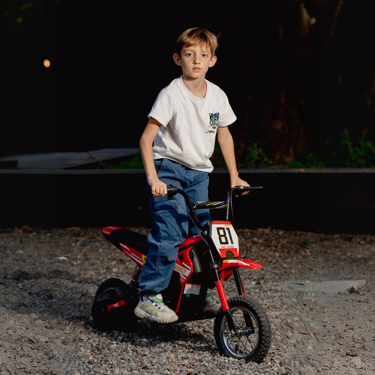Moto électrique enfants 24V, moteur 250W, vitesse 6,4-16 km/h, pour enfants 8-12 ans, suspension arrière, rouge