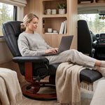 Fauteuil Relax Inclinable, Fauteuil de Salon, Repose-Pieds Réglable, Pivotant 360°, Piètement Bois, Revêtement Synthétique, Noir