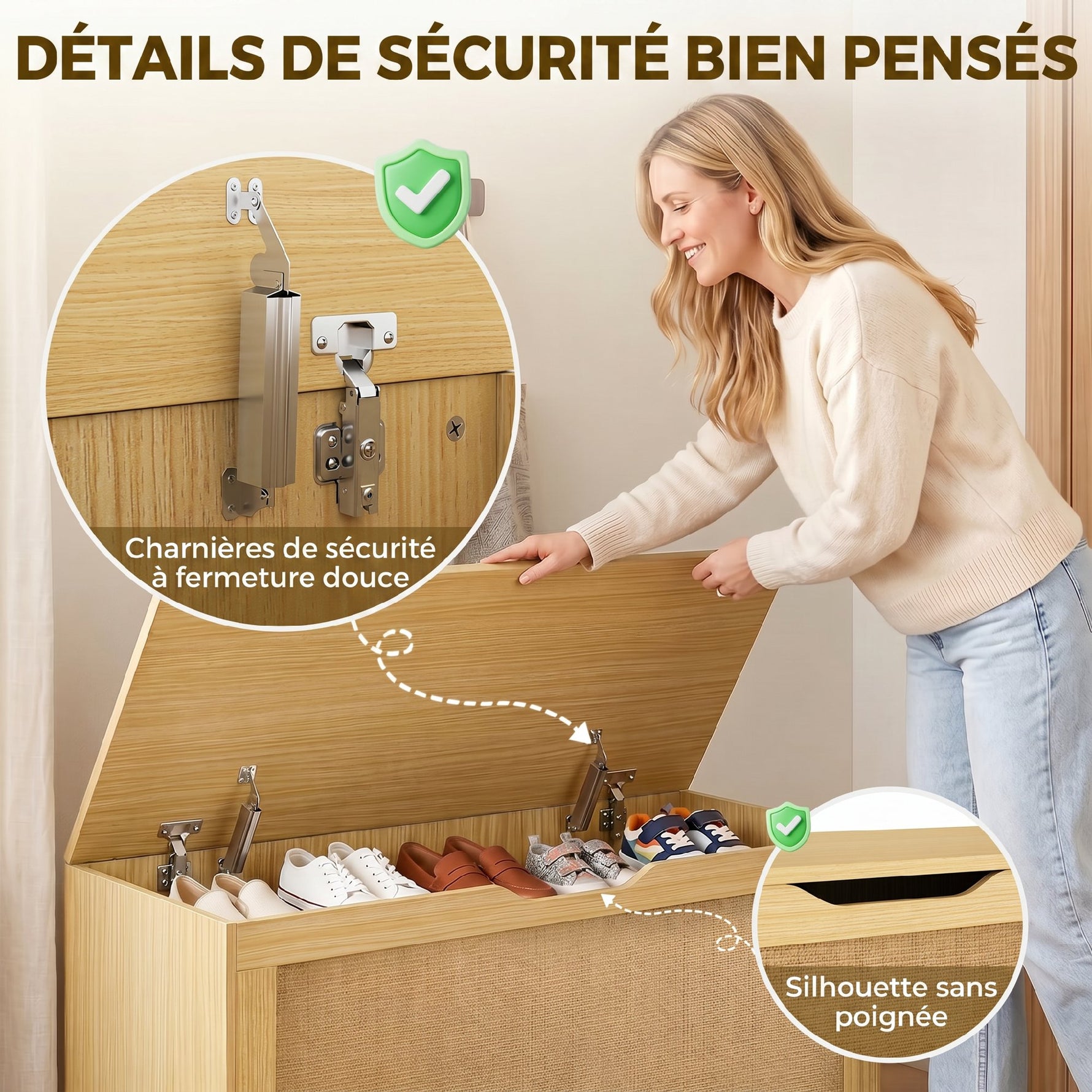 Coffre de Rangement en Rotin 136L, Banc Coffre avec Couvercle Relevable et 2 Charnières de Sécurité, Chêne