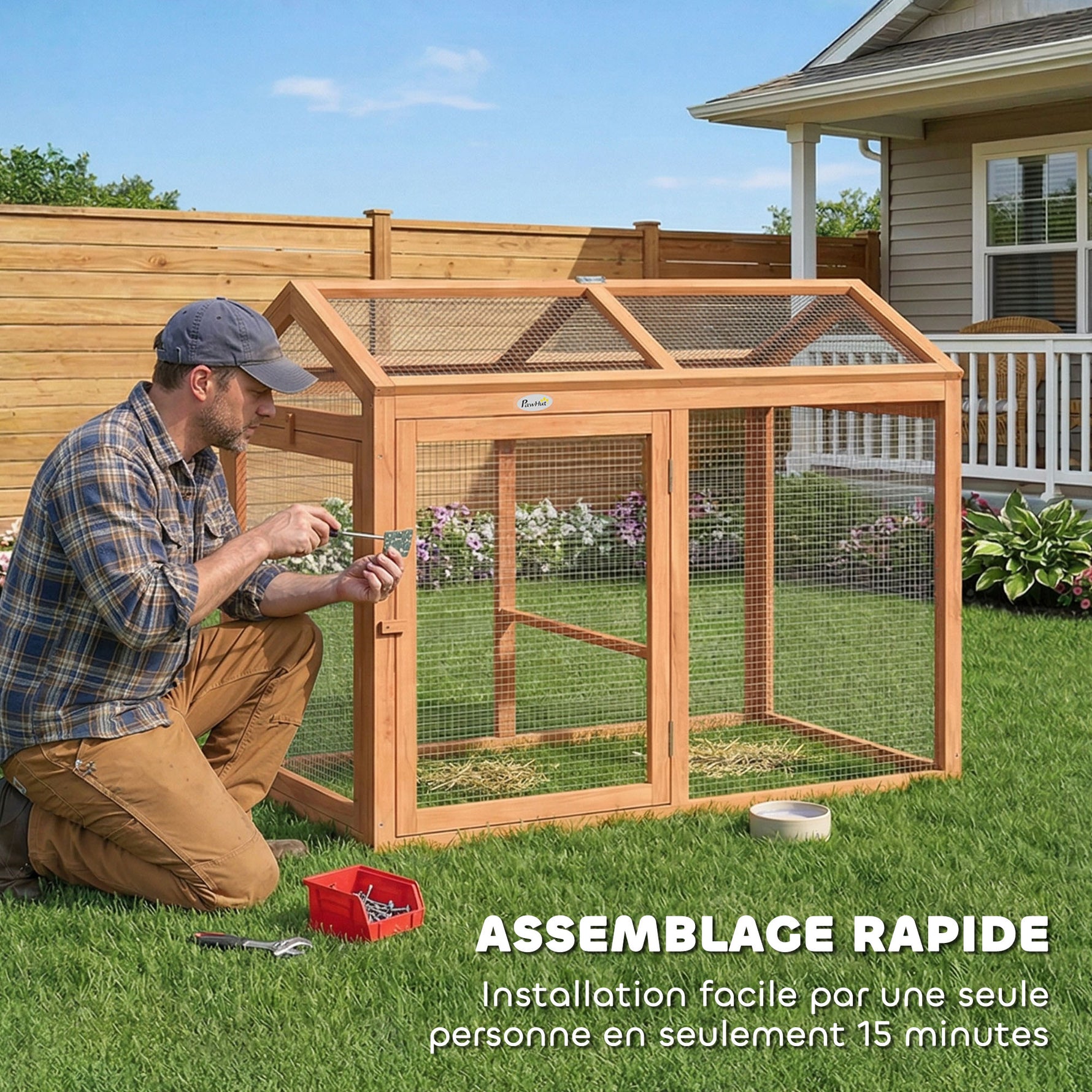 Enclos Poulailler en Bois avec Perchoir et Doubles Portes, Poulailler modulable pour jardin 104 x 70,5 x 84 cm, Orange