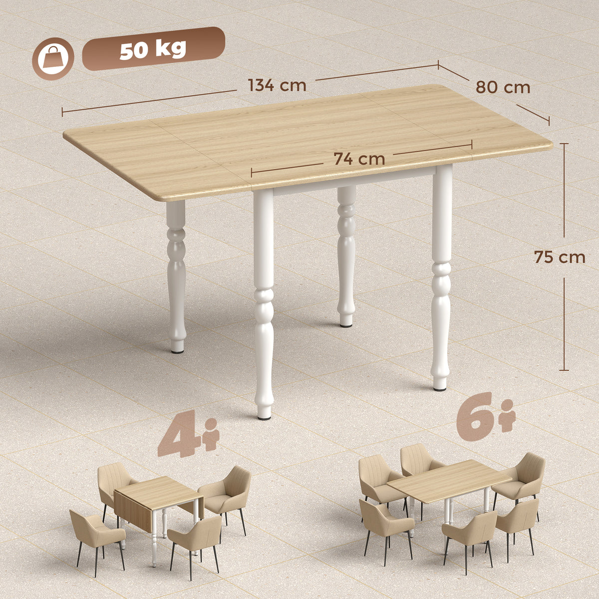Table à manger pliante pour 2 à 6 personnes 74-134 cm, table de cuisine avec 2 abattants, pieds en acier, bois naturel