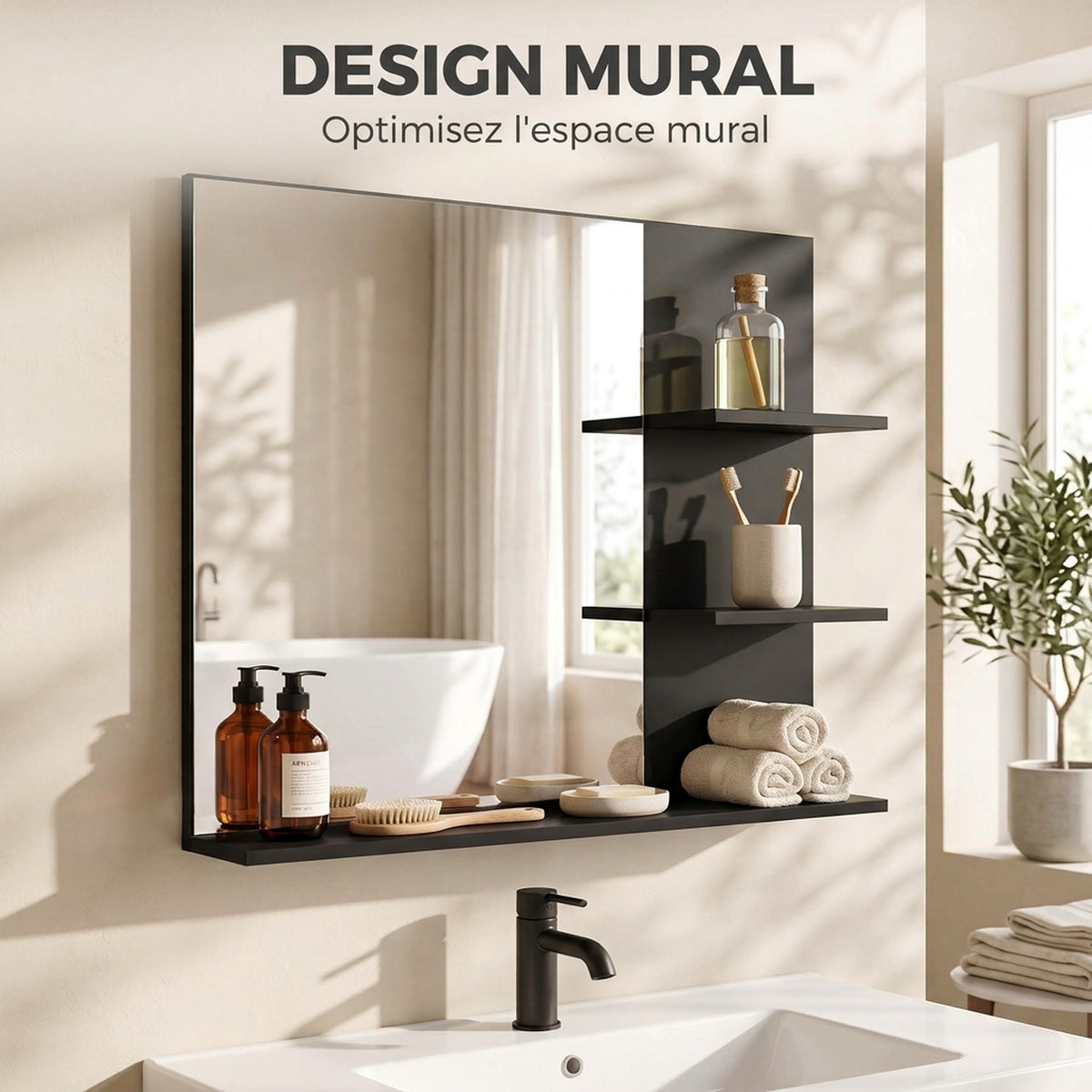 Badezimmerspiegel mit 3 Ablagen 60 x 48 cm, Moderner Wandspiegel für Schlafzimmer, Büro, Schwarz