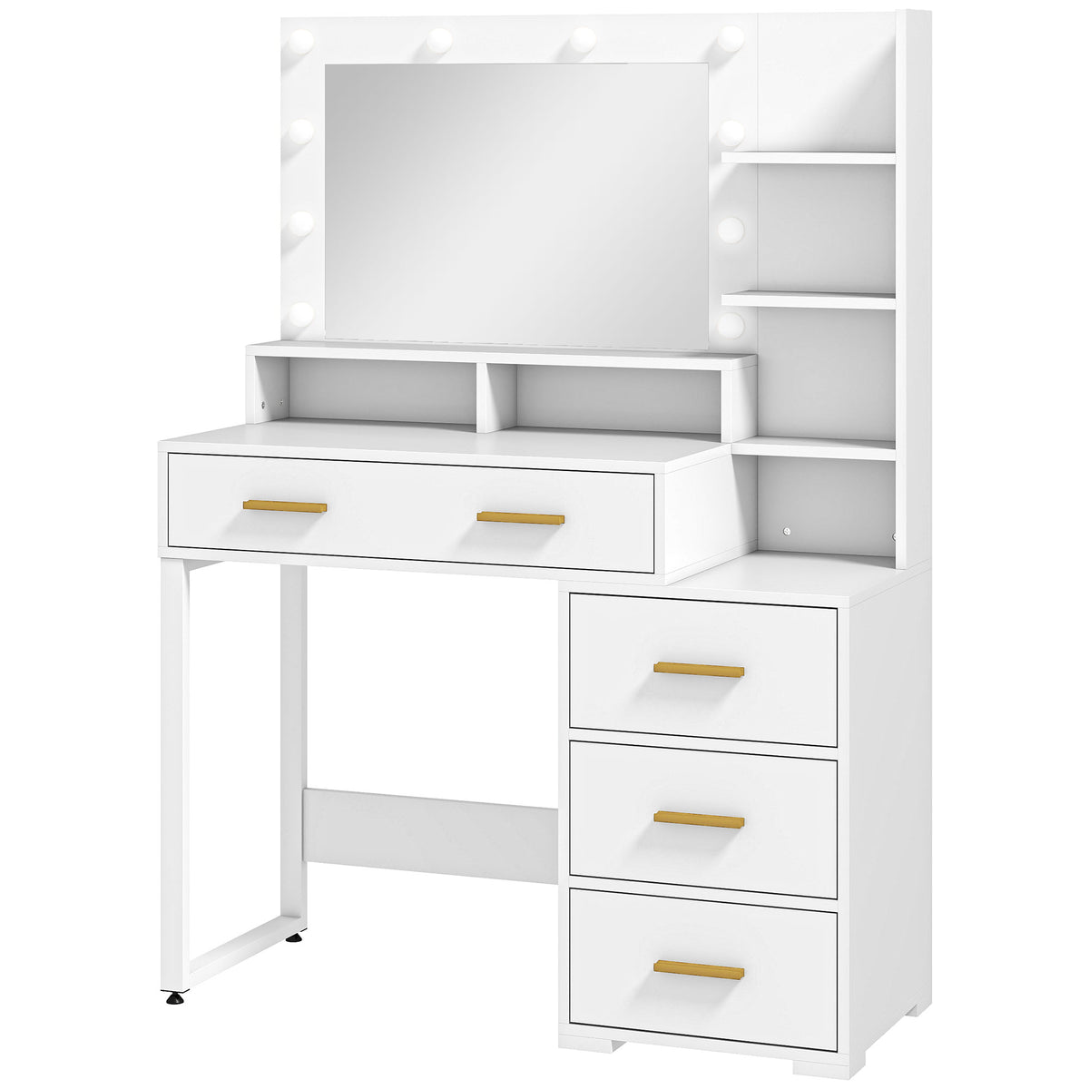 Coiffeuse avec miroir et 9 lumières LED, 4 tiroirs et 6 compartiments ouverts, 100 x 40 x 138 cm, blanc