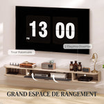 Meuble TV suspendu, meuble télé pour téléviseur jusqu'à 75 pouces, tiroir rabattable 2 étagères 180x24x16cm bois naturel