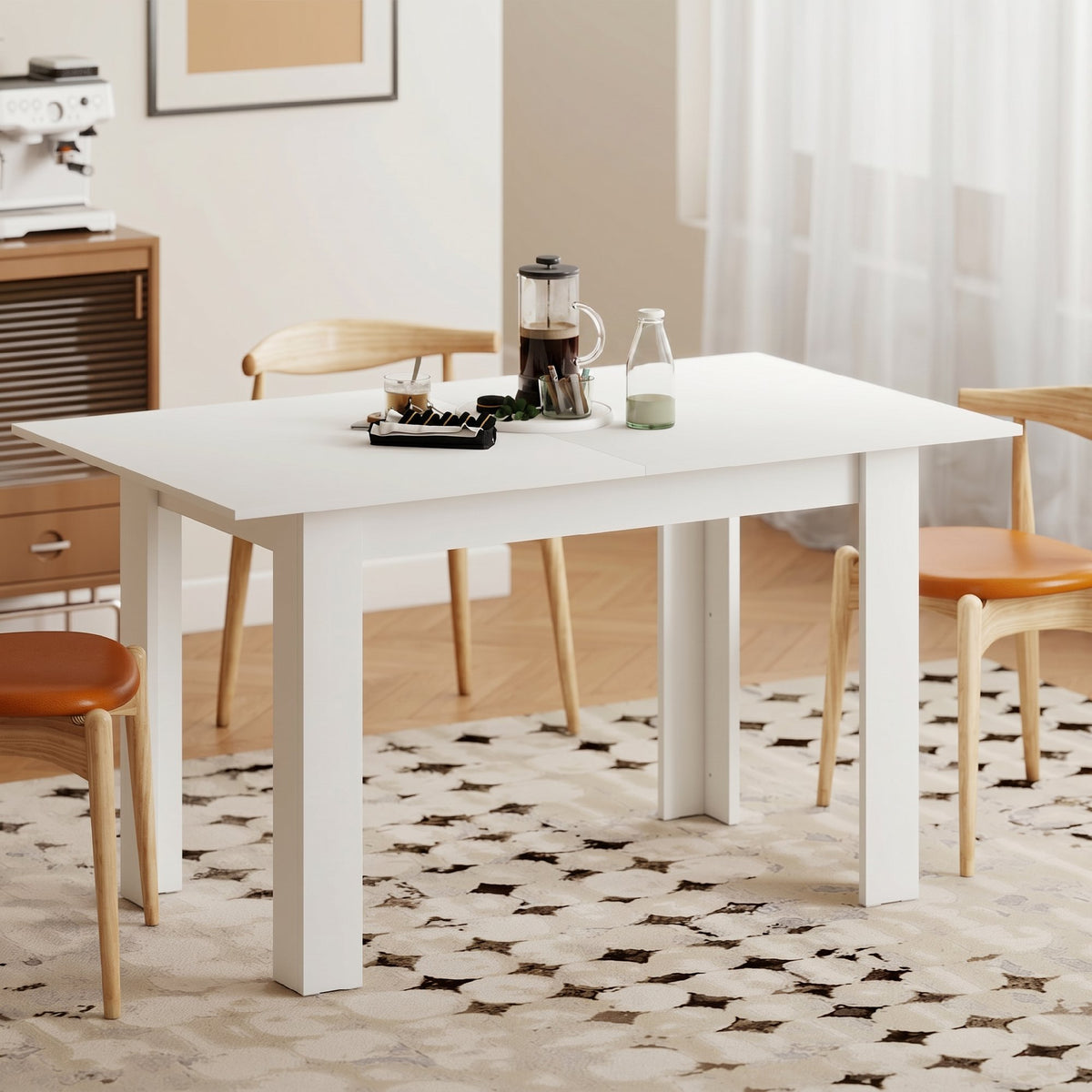 Extendable dining table, rectangular kitchen table, for 6-8 people, 140-180 x 80 cm, white