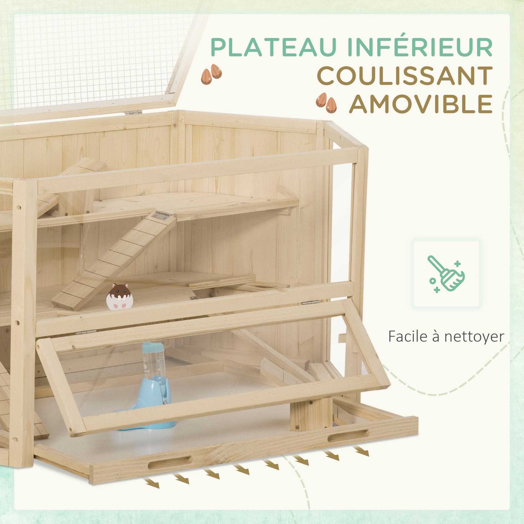 Cage à hamster à 3 niveaux bascules, fenêtres, cabanes, plateau coulissant, 115 x 60 x 55 cm, effet bois naturel