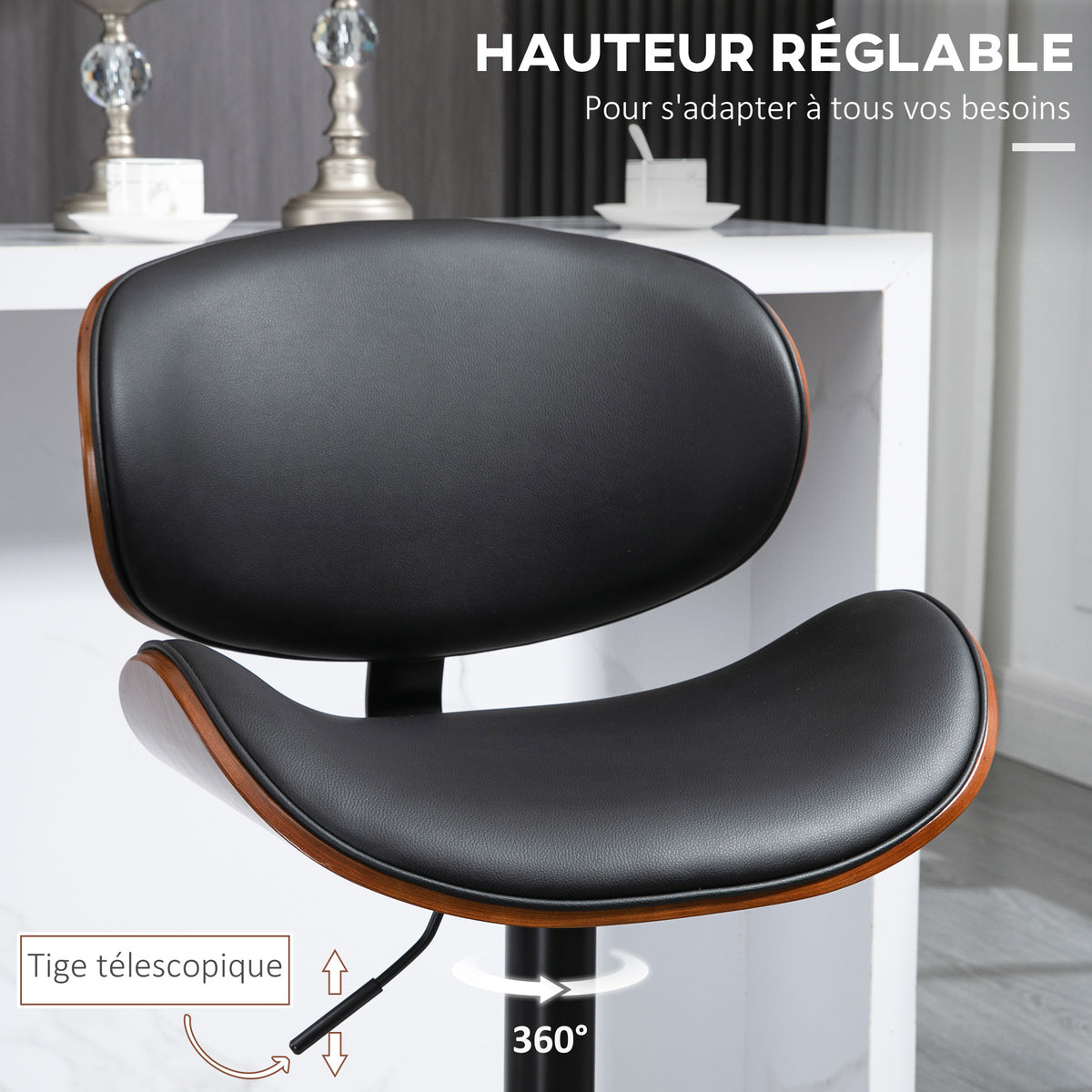 2er-Set Barhocker, höhenverstellbar, Kunstlederbezug, 53 x 52 x 92-112 cm, Schwarz