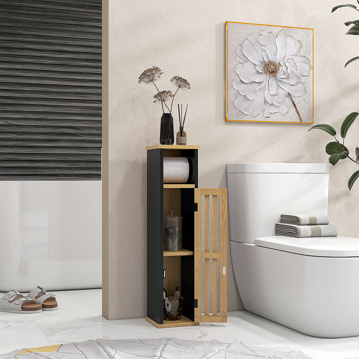Mobiletto bagno con portarotolo, vano portaoggetti con asta rimovibile, 2 ripiani + uscita carta, MDF bambù