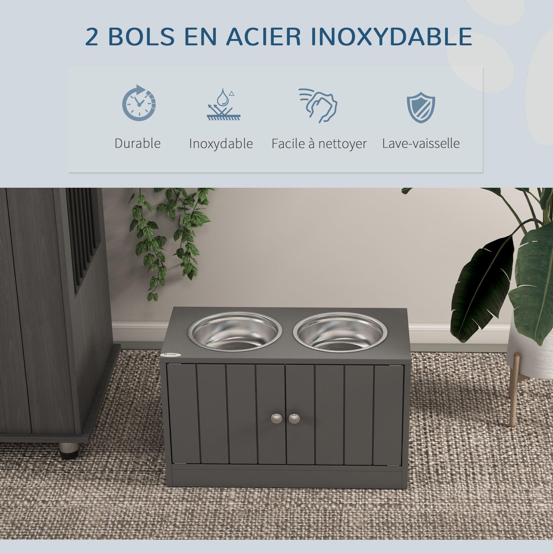 Gamelles Chiens Surélevées Gamelle Double Chien Chat Porte-Gamelles 2L Acier Inox 60 x 30 x 35,5 cm Gris