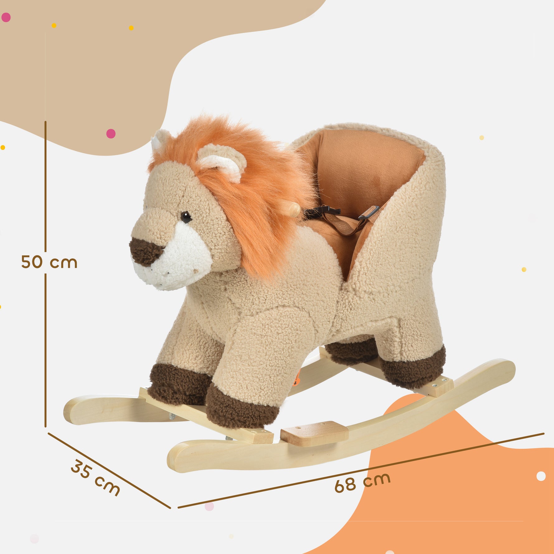 Cheval à Bascule modèle Lion Fonction Musicale Selle Grand Confort Peluche Courte Douce Pour Enfants 18-36 Mois Bois peuplier Marron dim. 68L x 35l x 50H cm