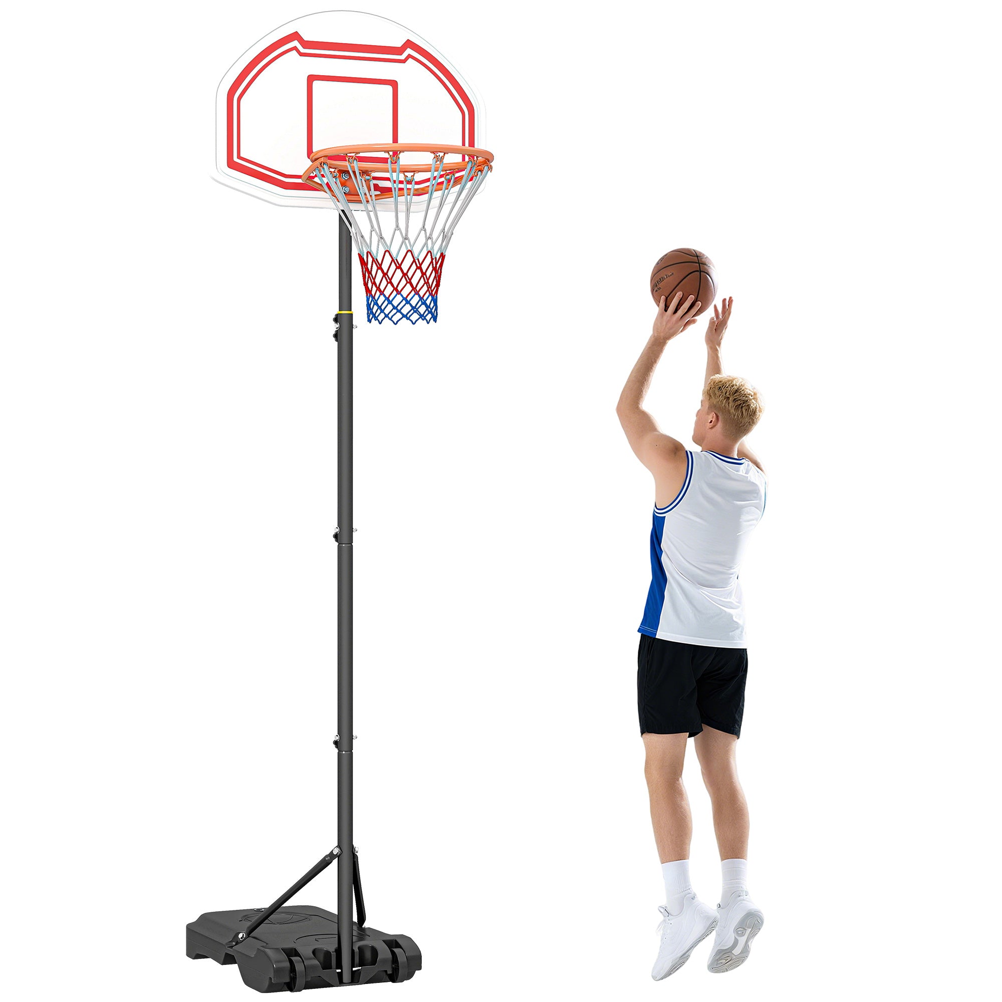 Panier de basket extérieur avec poteau panneau, base de lestage sur roulettes hauteur réglable 2,1-2,6 m (panier) - acier, noir blanc et rouge