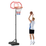 Canestro da basket da esterno con palo e tabellone, base zavorrabile su ruote, altezza regolabile 2,1-2,6 m - acciaio, nero bianco e rosso