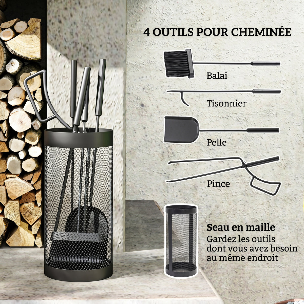 Ensemble serviteur de cheminée, serviteur de cheminée à 5 pièces, balai pelle pince tisonnier et seau, métal, noir