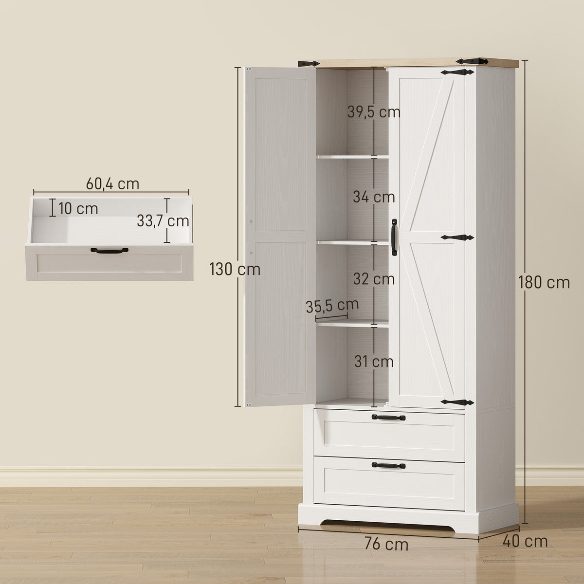 Buffet haut cuisine, armoire de cuisine avec 2 portes, 2 tiroirs, étagères réglables, style rustique, 76x40x180cm, blanc