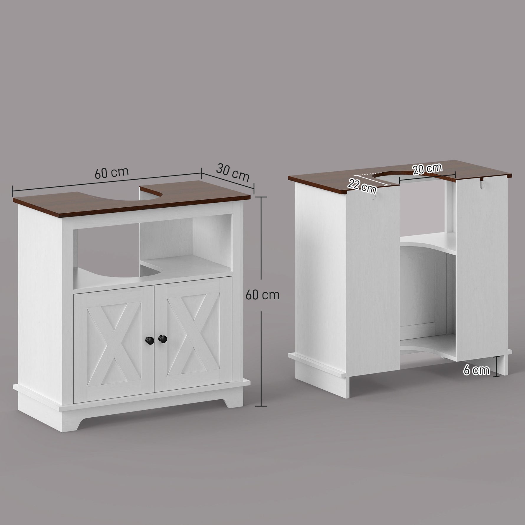 Meuble sous lavabo salle de bain meuble sous vasque - niche et placard à portes doubles, 60 x 30 x 60 cm, blanc