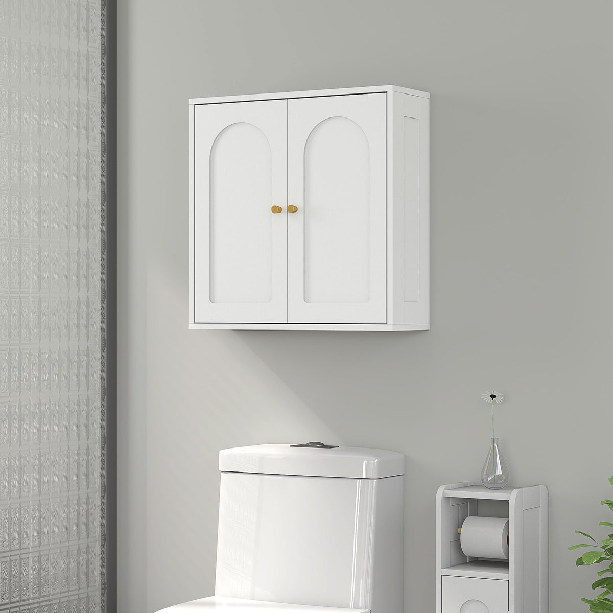 Armadio a muro, mobiletto pensile da bagno moderno con sportello a doppia anta e maniglie dorate, 60x20x60cm, bianco