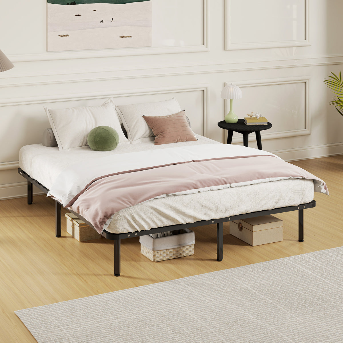 Bettrahmen 160 x 190 cm, Doppelbett aus Massivholz mit Lattenrost und Fußteil, Stauraum darunter, schwarz