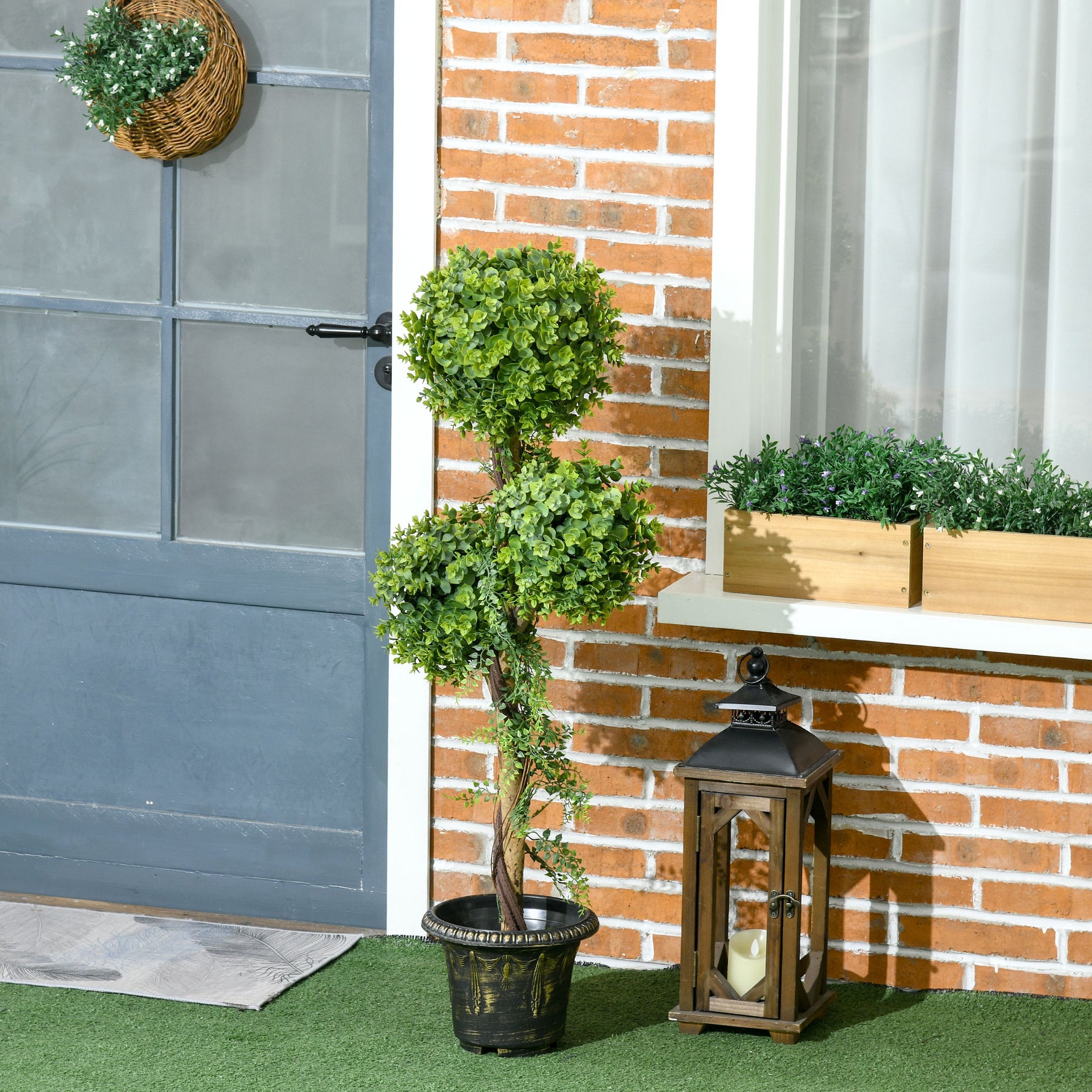 Plante artificielle arbre artificiel 3 boules de buis avec pot ciment, intérieur et extérieur, hauteur 115 cm
