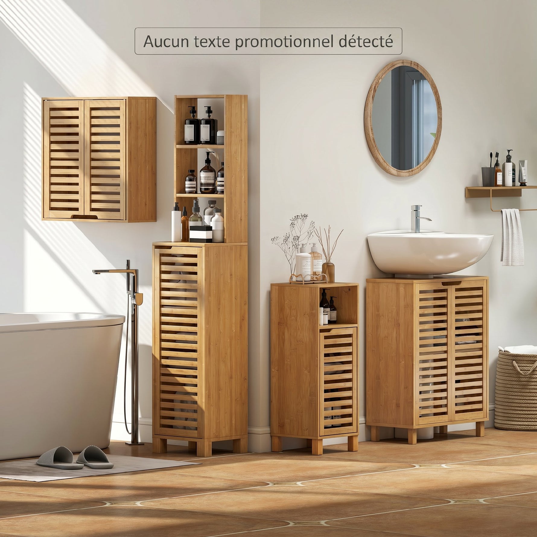 Meuble sous Lavabo en Bambou, Meuble de Salle de Bain avec 2 Portes Persiennes, Étagère Réglable, Bois Naturel