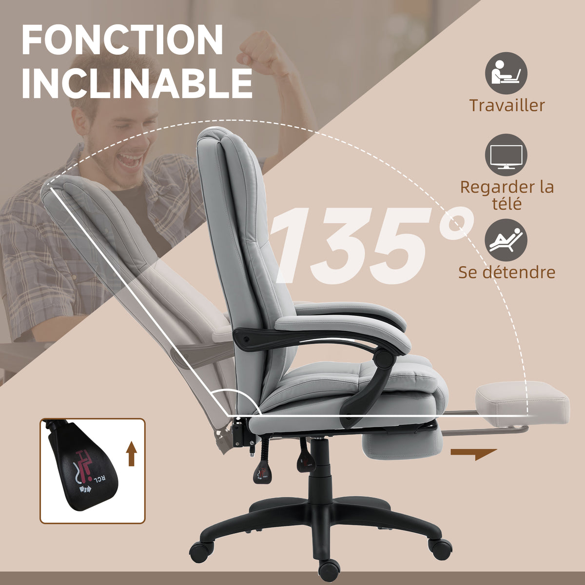 Fauteuil de bureau massant, chaise de bureau avec hauteur réglable, dossier inclinable et télécommande filaire, gris