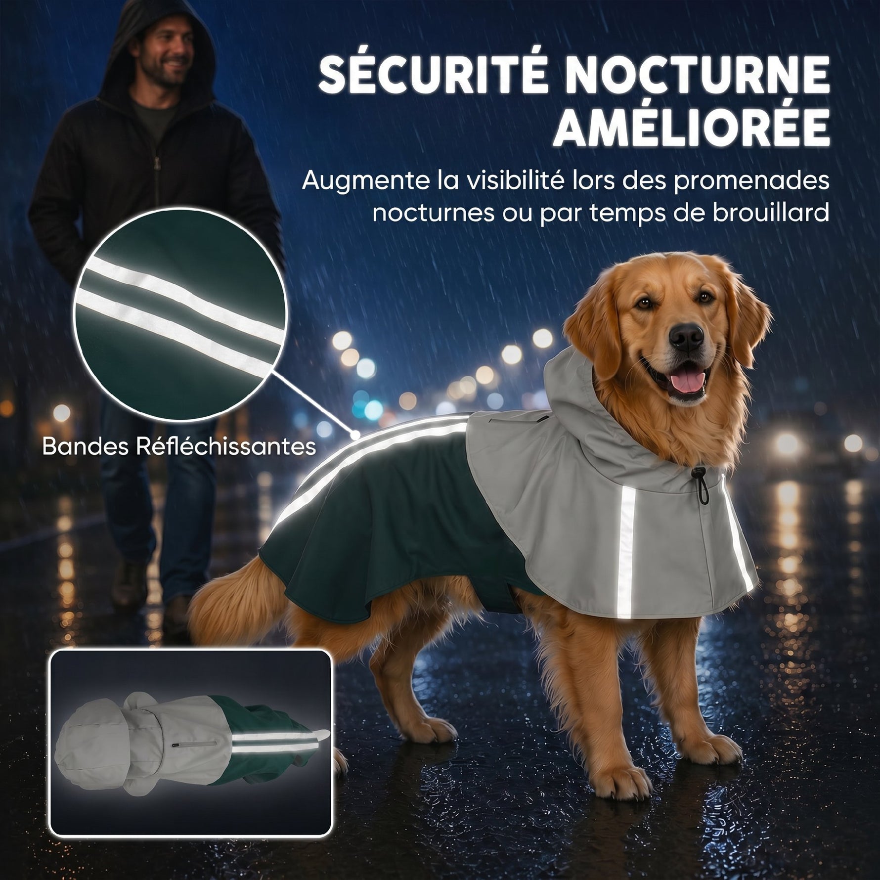 Imperméable pour Chien avec Capuche, Bandes Réfléchissantes, Ouverture pour Laisse, 110x72x0,5cm, Vert