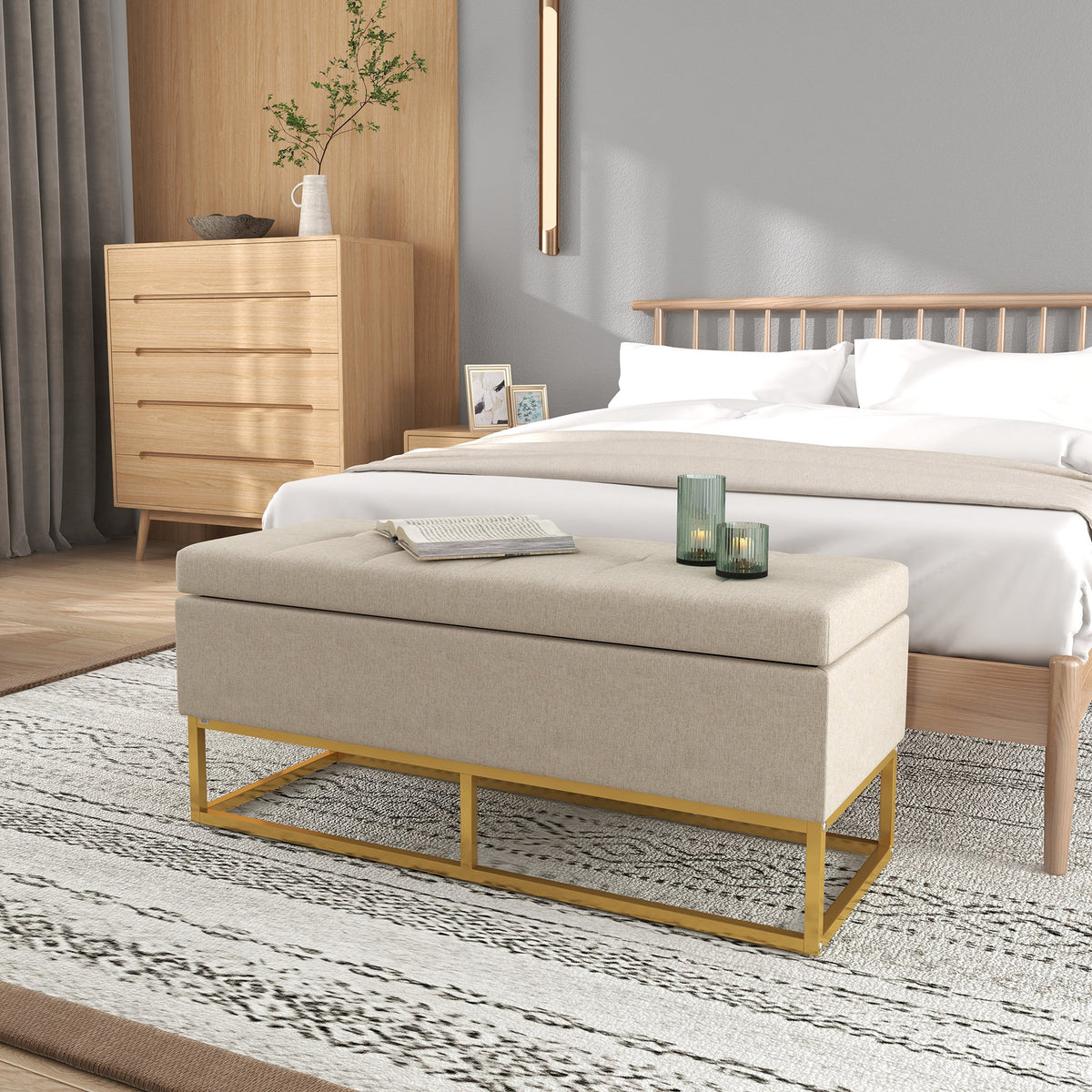 Banc banquette coffre de rangement 2 en 1 assise capitonnée et pieds acier 110 x 44 x 48 cm beige et doré