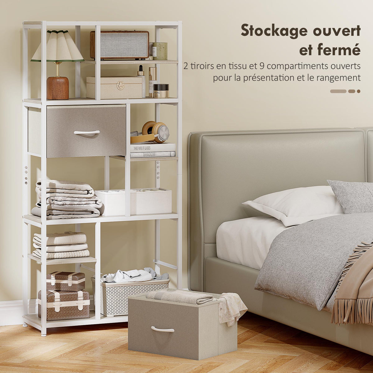 Étagère de rangement 6 niveaux, bibliothèque avec 2 tiroirs en tissu, 9 étagères ouvertes, 72,5 x 30 x 150 cm, blanc