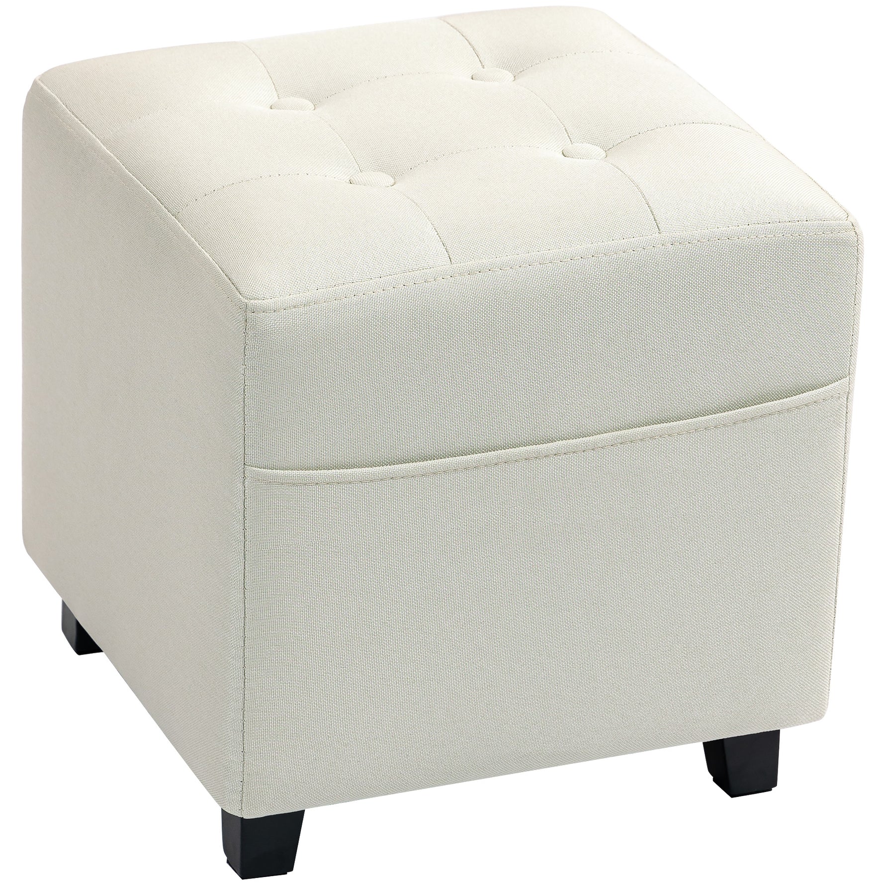Repose pied salon, ottoman, siège rembourré capitonné en tissu aspect lin avec poche latérale, 35 x 35 x 35 cm, crème