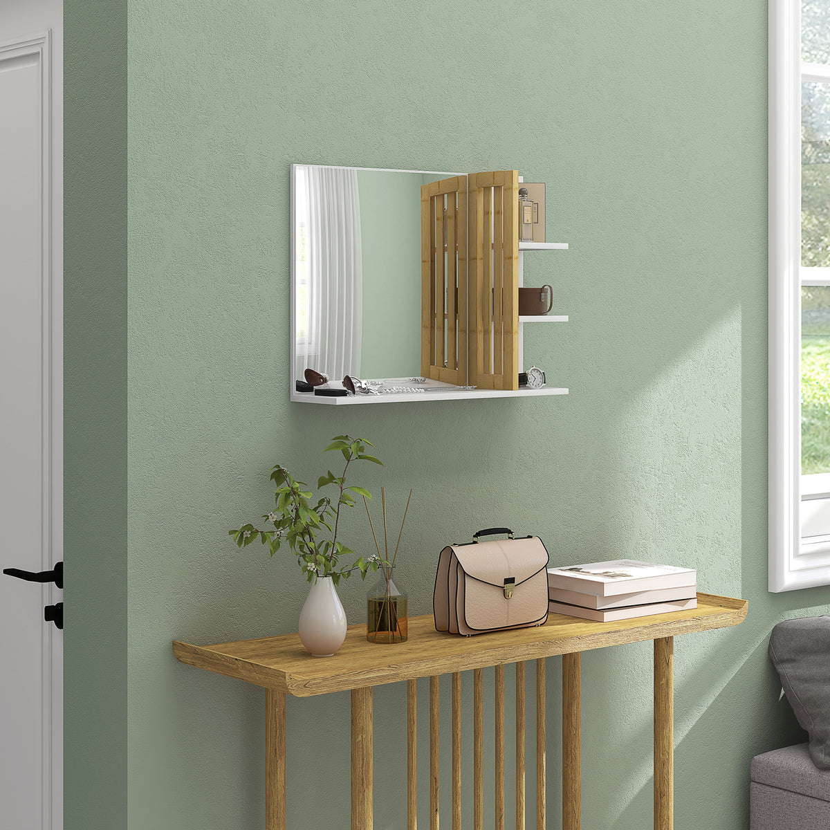 Miroir mural de salle de bain avec 3 étagères latérales 1 étagère inférieure en bambou 45 x 15 x 58,5 cm blanc