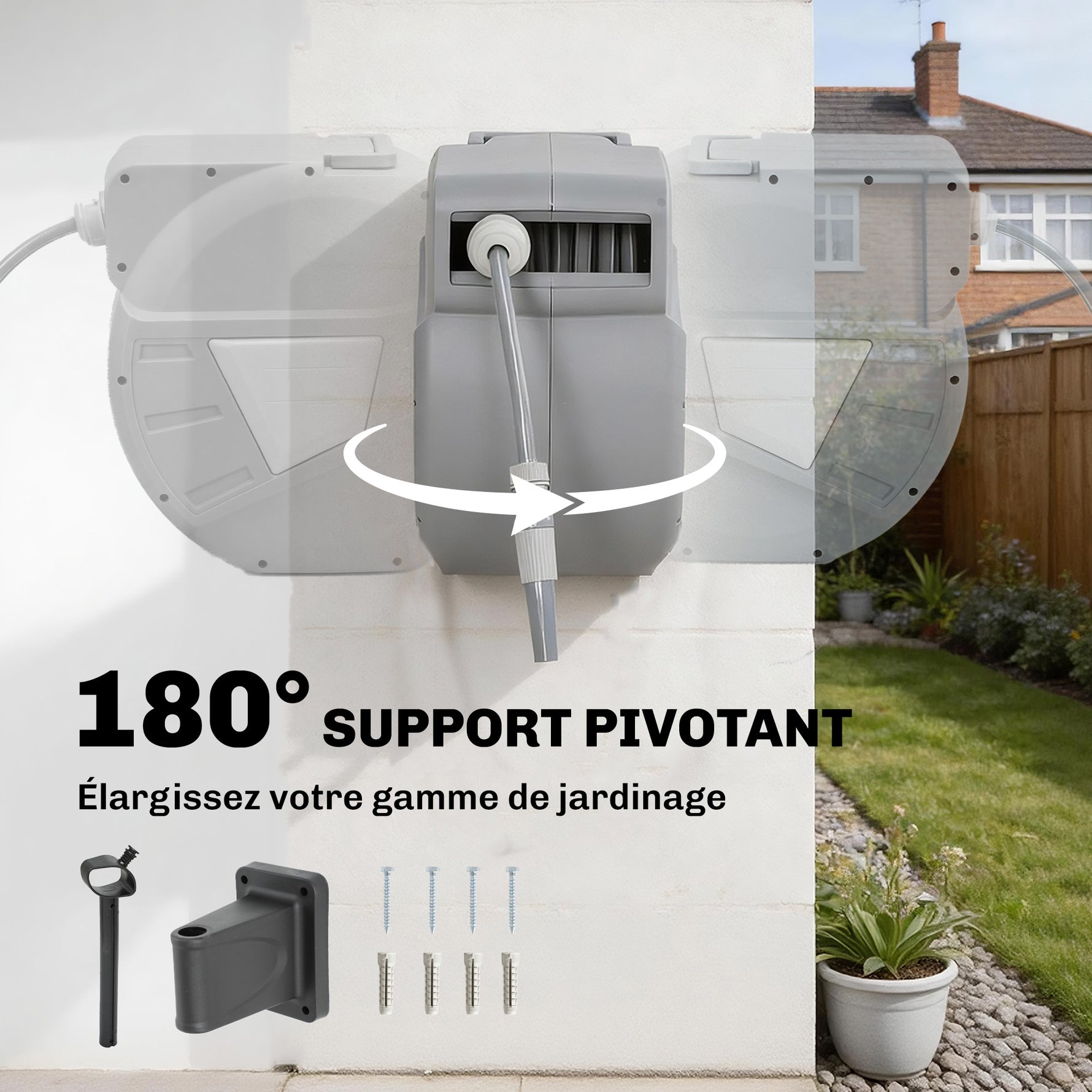 Enrouleur Tuyau Arrosage Mural 20+1,6m x Ø 15mm, Dévidoir de Tuyaux d'Eau Rétractable Automatique Pivotant à 180°, Gris