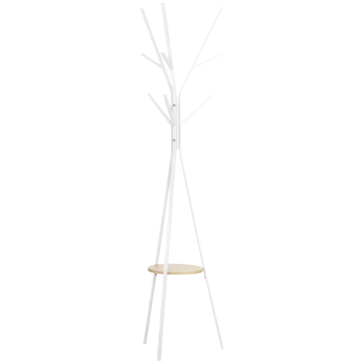 Porte-manteau trépied design contemporain branches étagère + 9 patères dim. 45L x 45l x 180H cm métal blanc